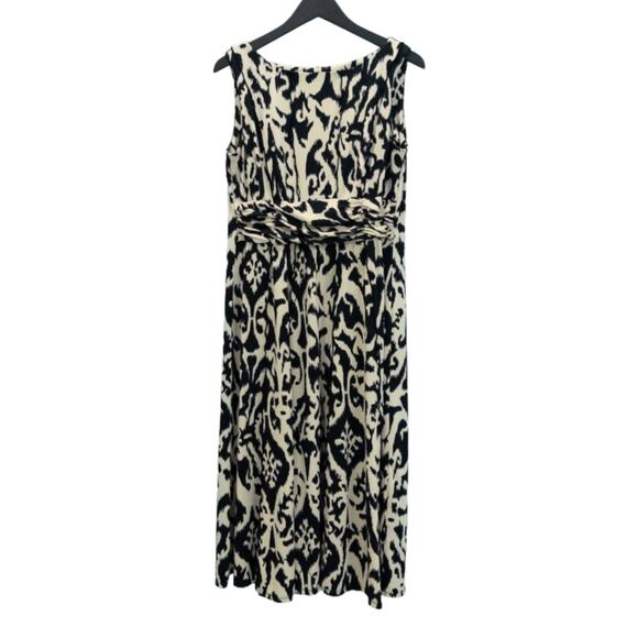 Black & Cream Chic‎ Ikat Print Sleeveless Large Midi Dress Business Casual - Picture 1 of 5